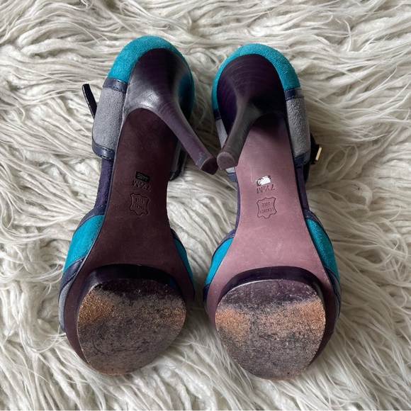 Tory Burch Color Block Mixed Media Blue Gray Suede Canvas Heeled Sandals Sz 7.5 - Picture 7 of 10